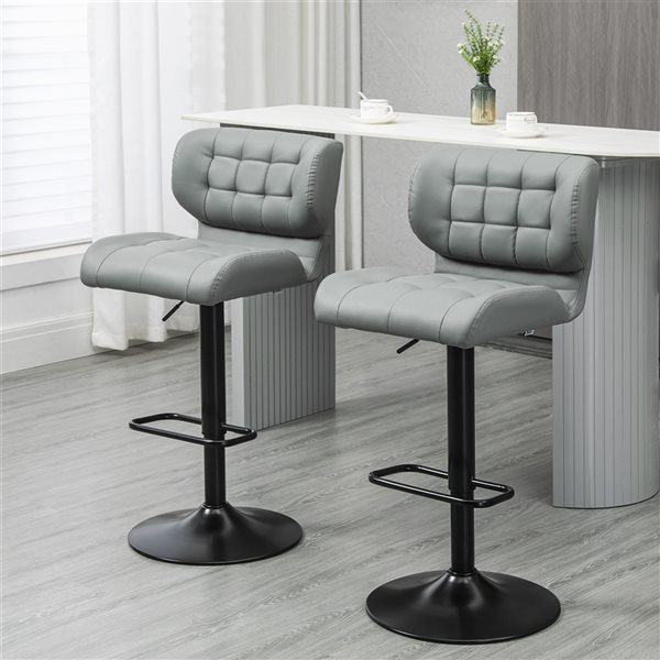 HomCom Grey Faux Leather Adjustable Height Upholstered Swivel Bar Stools - 2-Pack