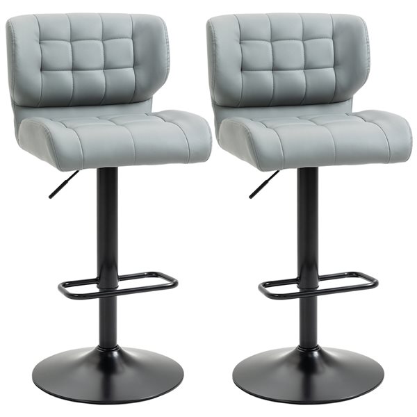 HomCom Grey Faux Leather Adjustable Height Upholstered Swivel Bar Stools - 2-Pack