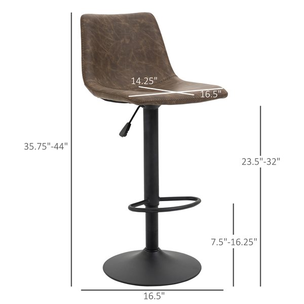 HOMCOM Brown Faux Leather Adjustable Height Swivel Bar Stools - 2-Pack