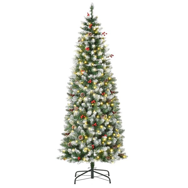 HomCom 6-ft Pre-Lit Leg Base Pine Full Flocked Green Artificial Christmas Tree with 300 Constant Warm White LED Lights