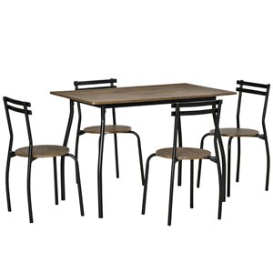HomCom Dark Walnut and Black Dining Set with Rectangular Table - Set of 5