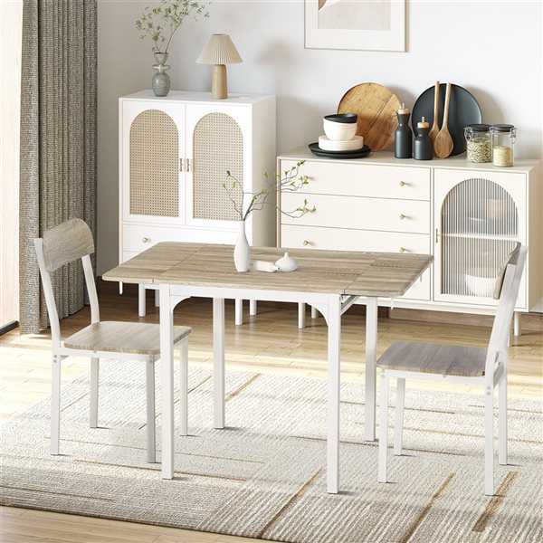 HOMCOM Natural and White Dining Set with Drop Leaf Table - Set of 3