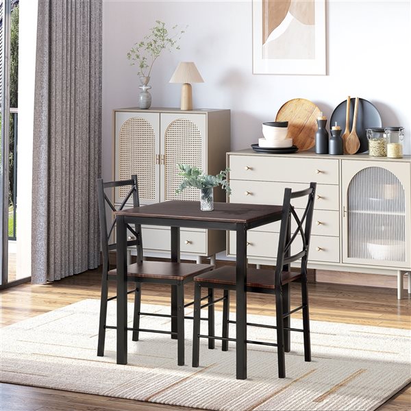 HomCom Dark Coffee and Black Dining Set with Square Table - Set of 3