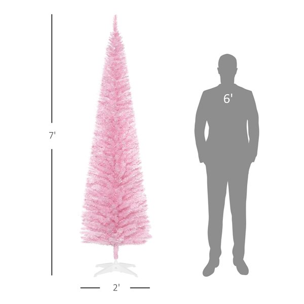 Arbre de Noël artificiel pin HomCom rose étroit de 7 pi sur pied