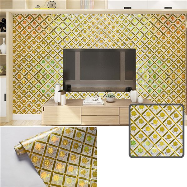 Dundee Deco Falkirk McGowen III 26.7-sq. ft. Reflective Gold Vinyl Textured Tile Peel and Stick Wallpaper