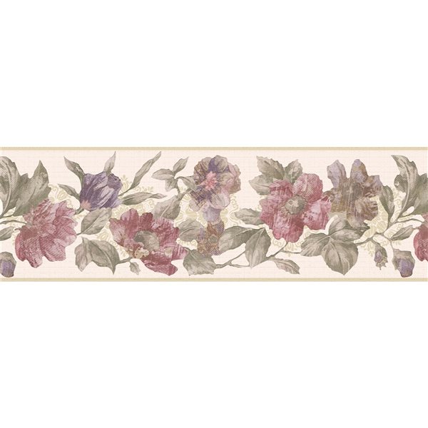 Bordure de papier peint autoadhésive par Dundee Deco de 7 po, rose fleuri/mauve