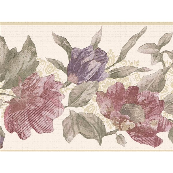 Bordure de papier peint autoadhésive par Dundee Deco de 7 po, rose fleuri/mauve