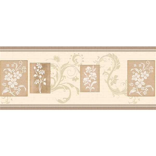 Bordure de papier peint autoadhésive par Dundee Deco de 7 po, brun fleuri/beige