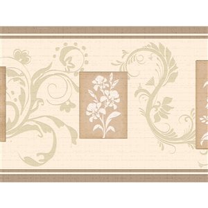 Bordure de papier peint autoadhésive par Dundee Deco de 7 po, brun fleuri/beige