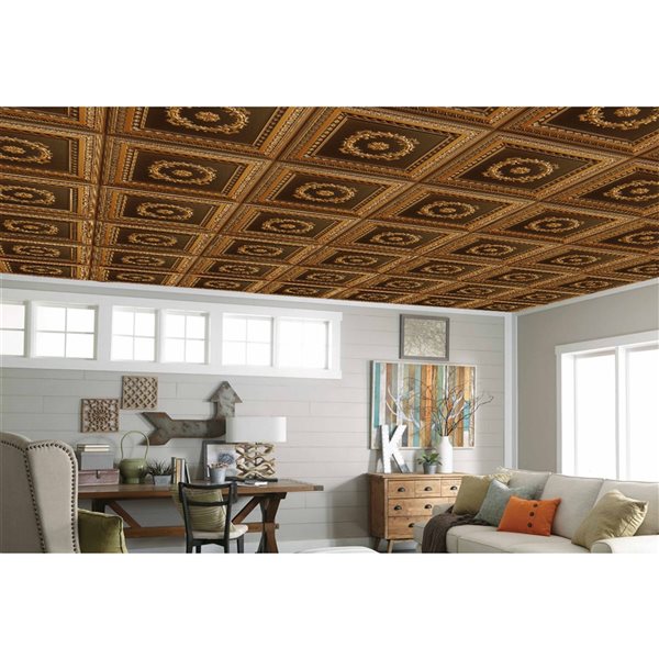 Dundee Deco Falkirk Perth Traditional 24-in x 24-in Antique Gold Surface-Mount Panel Ceiling Tiles - 25-Pack