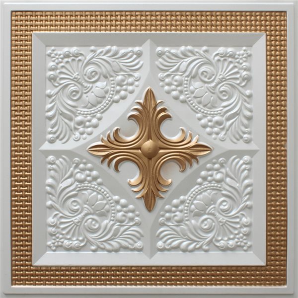 Tuile de plafond Dundee Deco Falkirk Perth florale moderne blanc nacré et or de 24 po x 24 po à installation en surface