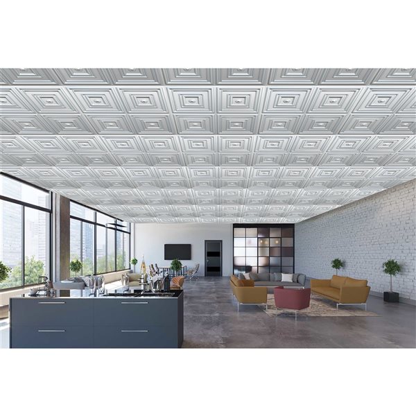 Dundee Deco Falkirk Perth 24-in x 24-in Modern Patchwork Silver Surface-Mount Panel Ceiling Tiles - 50-Pack