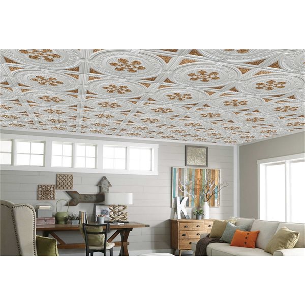 Tuile de plafond Dundee Deco Falkirk Perth damassée contemporaine blanc nacré et or de 24 po x 24 po à installation en sur…