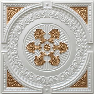 Tuile de plafond Dundee Deco Falkirk Perth damassée contemporaine blanc nacré et or de 24 po x 24 po à installation en sur…