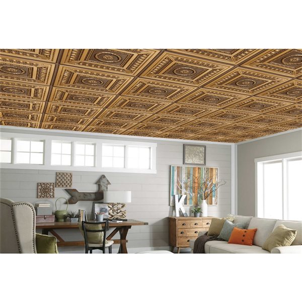 Dundee Deco Falkirk Perth Botanical 24-in x 24-in Antique Gold Surface-Mount Panel Ceiling Tiles - 50-Pack