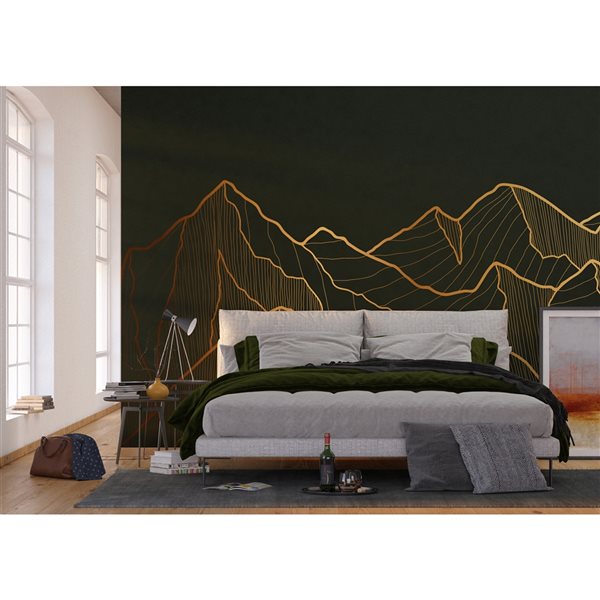 Dundee Deco Falkirk Airdrie 142-in x 106-in Dark Green and Gold "Abstract Mountains" Unpasted Wall Mural