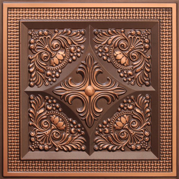 Tuiles de plafond Dundee Deco Falkirk Perth florales cuivre antique de 24 po x 24 po à installation en surface, paquet de 10