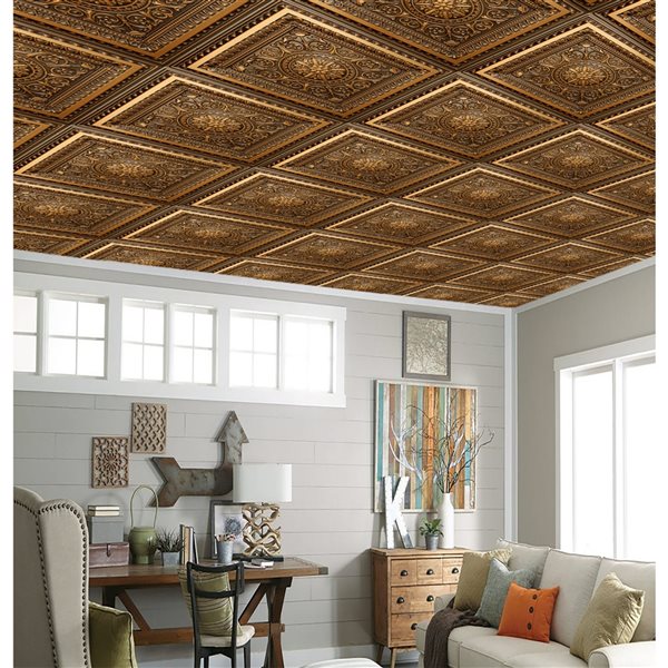 Dundee Deco Falkirk Perth 24-in x 24-in Antique Gold Victorian Surface-Mount Panel Ceiling Tiles - 50-Pack