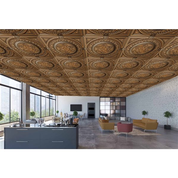 Dundee Deco Falkirk Perth 24-in x 24-in Damask Antique Gold Surface-Mount Panel Ceiling Tile