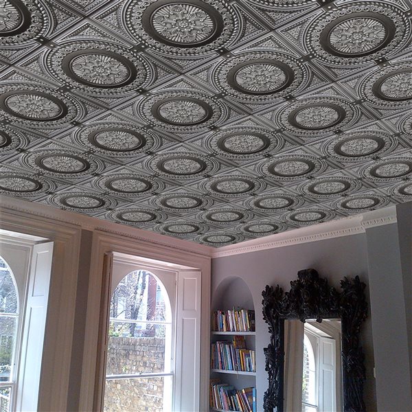 Dundee Deco Falkirk Perth 24-in x 24-in Damask Antique Silver Surface-Mount Panel Ceiling Tile