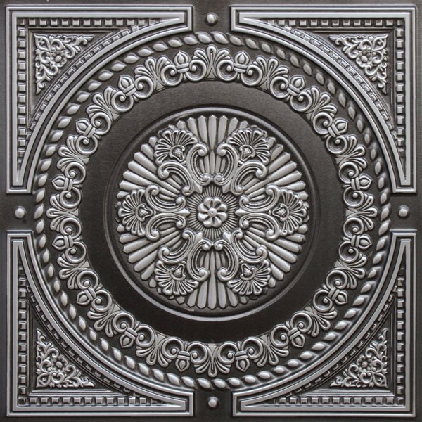 Tuile de plafond Dundee Deco Falkirk Perth damassée argent antique de 24 po x 24 po à installation en surface