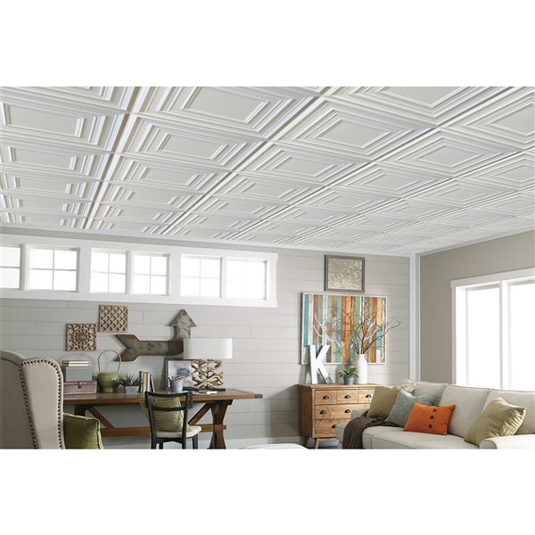 Tuiles de plafond Dundee Deco Falkirk Perth carrées argenté de 24 po x 24 po à installation en surface, paquet de 25