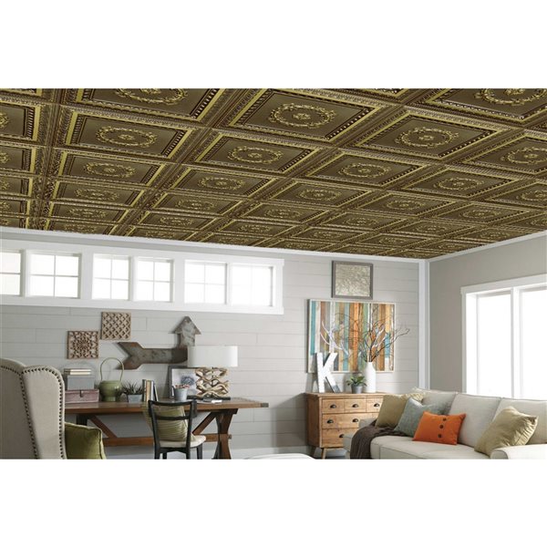 Dundee Deco Falkirk Perth 24-in x 24-in Traditional Antique Brass Surface-Mount Panel Ceiling Tiles - 50-Pack