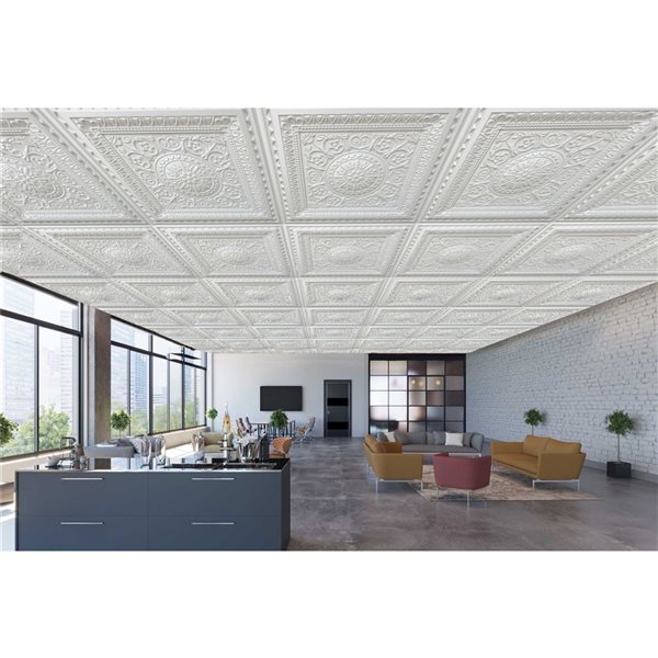 Tuiles de plafond Dundee Deco Falkirk Perth florales blanc nacré de 24 po x 24 po à installation en surface, paquet de 50