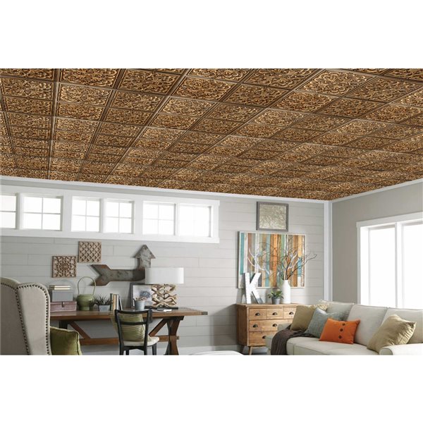 Dundee Deco Falkirk Perth Patchwork Antique Gold 24-in x 24-in Surface-Mount Panel Ceiling Tile