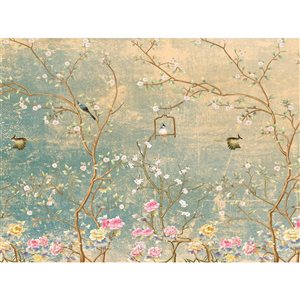 Dundee Deco Falkirk Airdrie 142-in x 106-in Beige, Yellow and Blue "Chinoiserie Birds" Unpasted Wall Mural