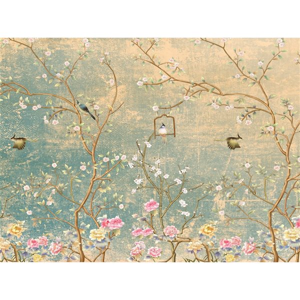 Murale non encollée Falkirk Airdrie par Dundee Deco « Oiseaux de Chinoiserie » de 142 po x 106 po beige, jaune et bleu