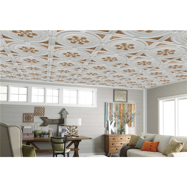 Dundee Deco Falkirk Perth 24-in x 24-in Damask Pearl White and Gold Surface-Mount Panel Ceiling Tiles - 25-Pack