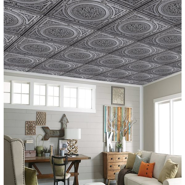 Dundee Deco Falkirk Perth 24-in x 24-in Traditional Antique Silver Surface-Mount Panel Ceiling Tile