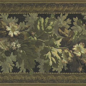 Dundee Deco Nature Dark Green Black Flowers Leaves Peel and Stick Wallpaper Border