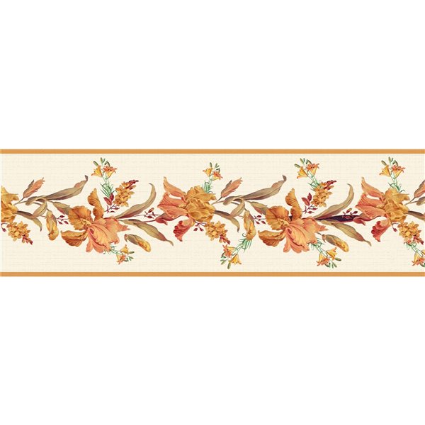 Dundee Deco Floral Orange Yellow Blooming Flowers Peel and Stick Wallpaper Border RONA
