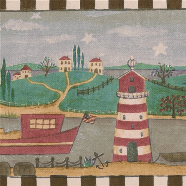 Dundee Deco Country Red Green White Ships and Lighthouses Peel and Stick Wallpaper Border