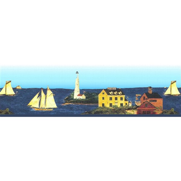 Dundee Deco Country Blue Yellow Ships and Lighthouses Peel and Stick Wallpaper Border