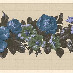 Dundee Deco Floral Beige Blue Flowers on Vines Peel and Stick Wallpaper Border