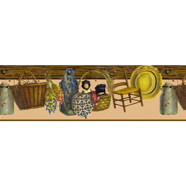 Dundee Deco Country Beige Brown Yellow Chairs Baskets Hats Peel and Stick Wallpaper Border