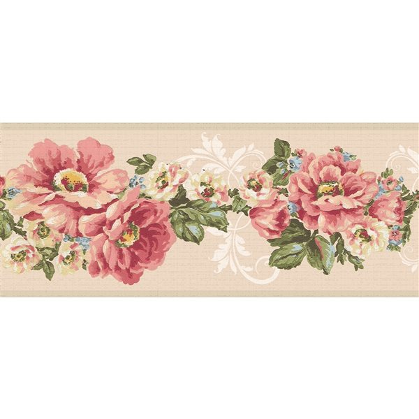 Dundee Deco Damask Pink Green Flowers Peel and Stick Wallpaper Border