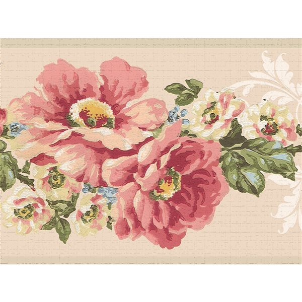 Dundee Deco Damask Pink Green Flowers Peel and Stick Wallpaper Border ...