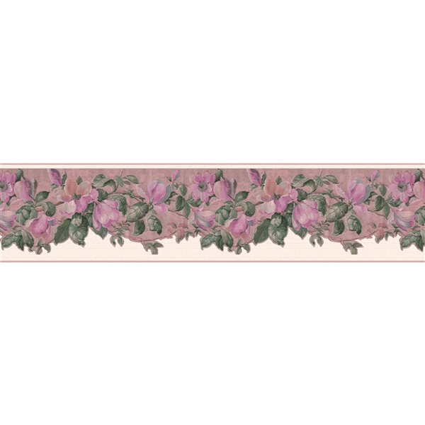 Dundee Deco Vintage Pink Green Flowers on Vines Peel and Stick Wallpaper Border