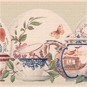 Dundee Deco Country Blue Red White Tea Set Peel and Stick Wallpaper Border