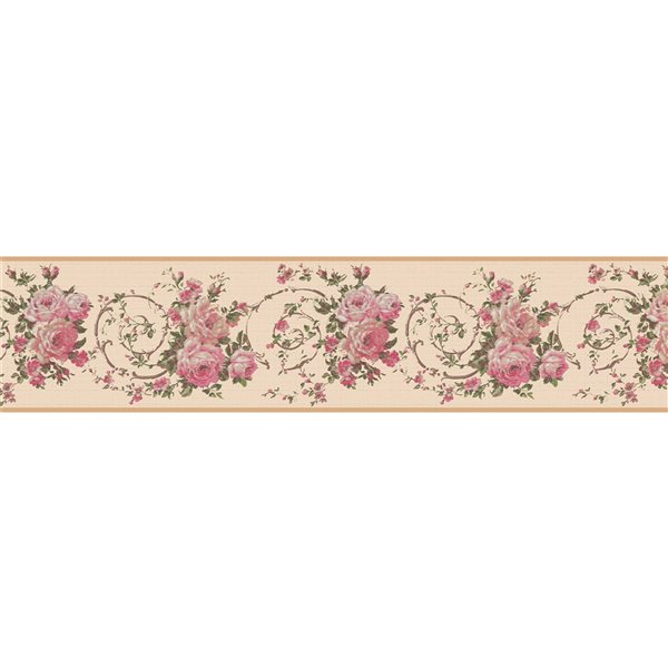 Dundee Deco Floral Pink Beige Flowers on Vines Peel and Stick Wallpaper Border