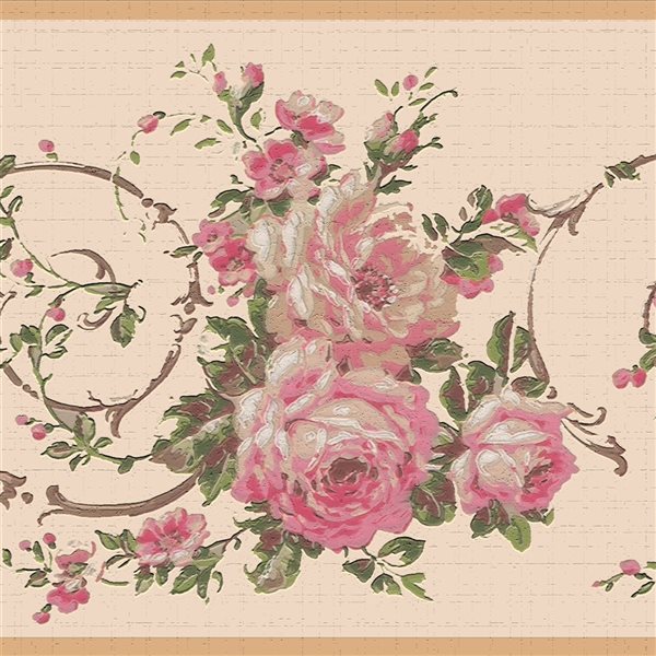 Dundee Deco Floral Pink Beige Flowers on Vines Peel and Stick Wallpaper Border