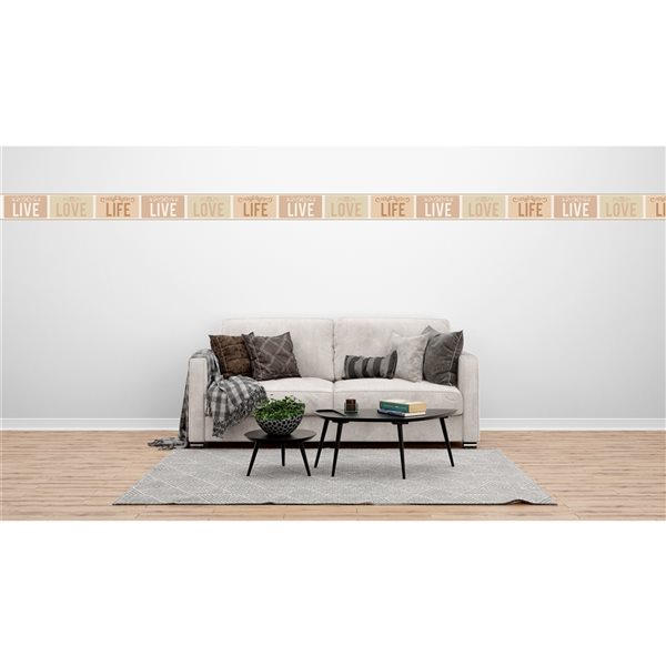 Dundee Deco Abstract Beige Tan Live Love Life Peel and Stick Wallpaper Border