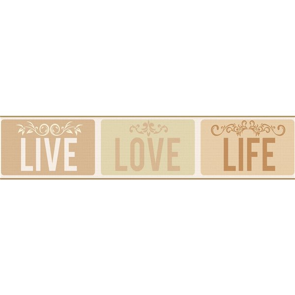 Dundee Deco Abstract Beige Tan Live Love Life Peel and Stick Wallpaper Border