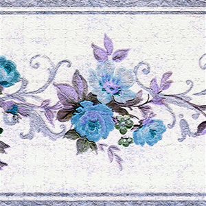 Bordure de papier peint autocollante damassée bleu, violet et blanc par Dundee Deco