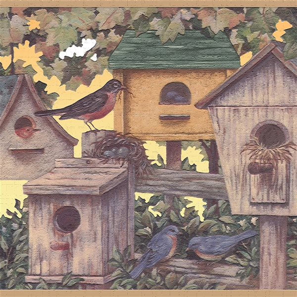 Dundee Deco Nature Brown Green Bird houses Peel and Stick Wallpaper Border  | RONA