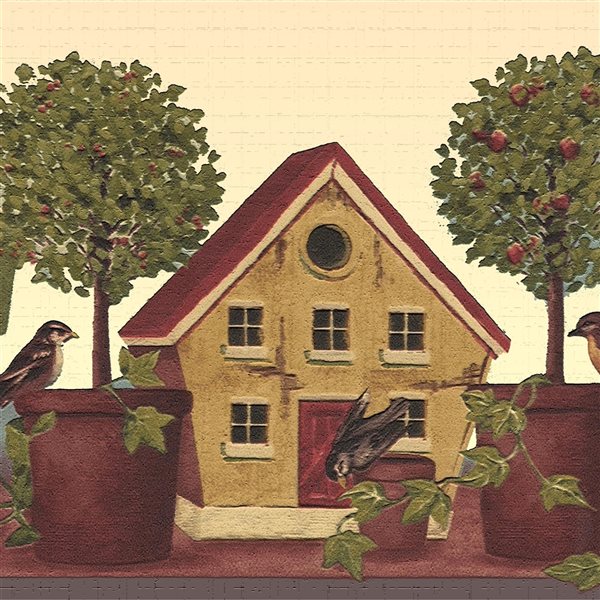 Dundee Deco Nature Green Red Bird houses Peel and Stick Wallpaper Border |  RONA